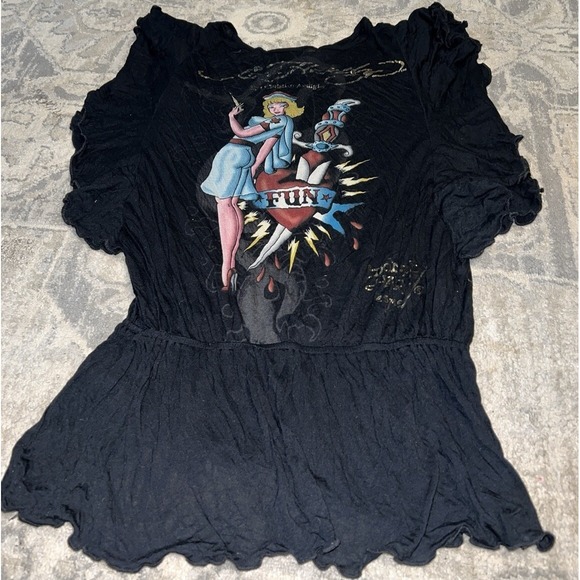 Ed Hardy Tops - Ed Hardy Shirt Women's Size Medium Elastic Waist Black Ruffle Winged Sleeves